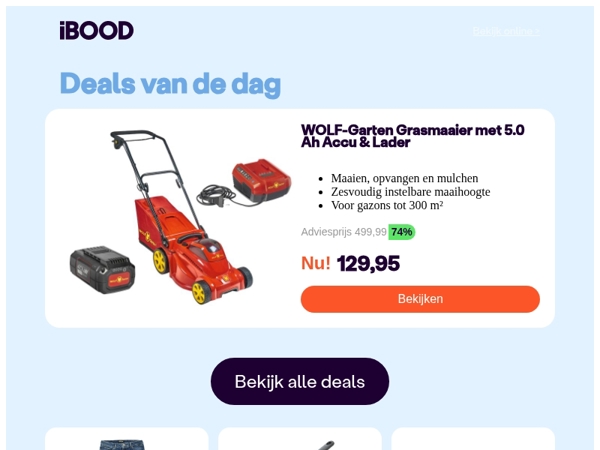 Nu: WOLF-Garten Grasmaaier met 5.0 Ah Accu & Lader voor slechts 129,95 !