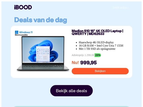 Nu: Medion S10 16" 4K OLED Laptop | QWERTY | MD62633 voor slechts 999,95 !