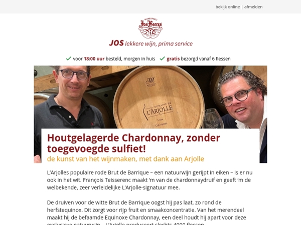 Houtgelagerde Chardonnay, zonder toegevoegde sulfiet!