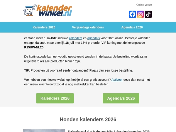 Bespaar nu 15% pre-order korting op je nieuwe Kalender(s) & Agenda's 2026