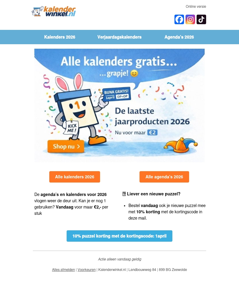 π
1 April korting op de laatste agenda's en kalenders van 2026 | Puzzels met korting π
1 April korting op de laatste agenda's en kalenders van 2026 | Puzzels met korting