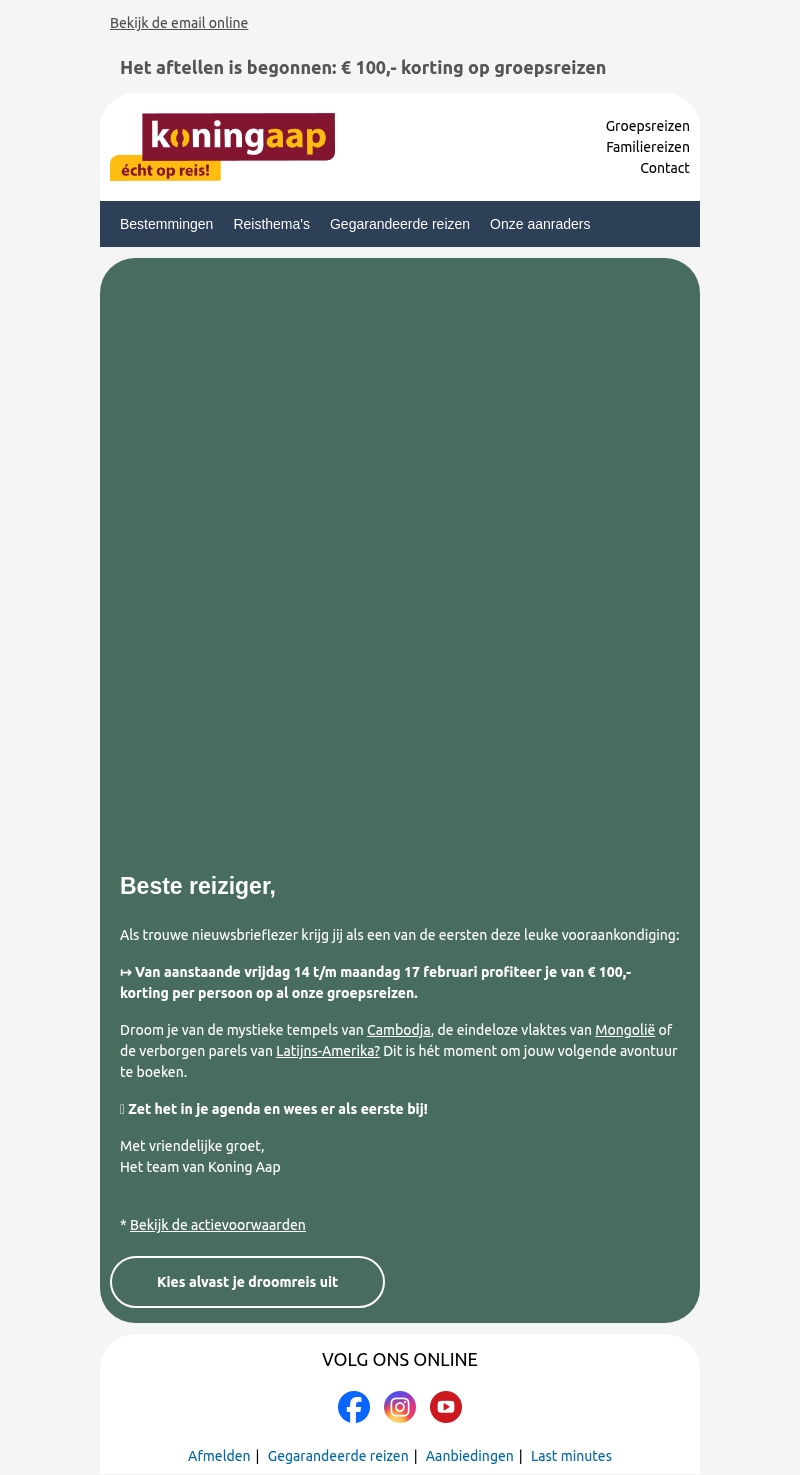 Ontvang € 100,- korting per persoon op jouw groepsreis! Ontvang € 100,- korting per persoon op jouw groepsreis!