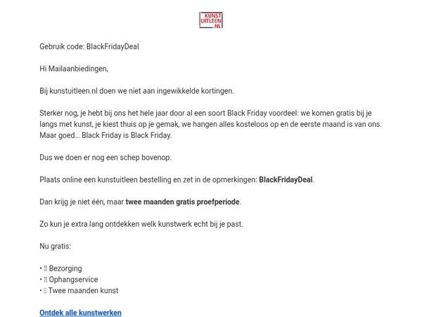 2 maanden gratis kunst + gratis ophangservice + gratis bezorging. Black Friday 🖼️ 