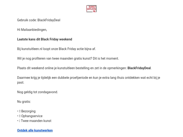 Black Friday loopt af: pak nu 2 maanden gratis kunst, bezorging en ophangservice! 🖼️