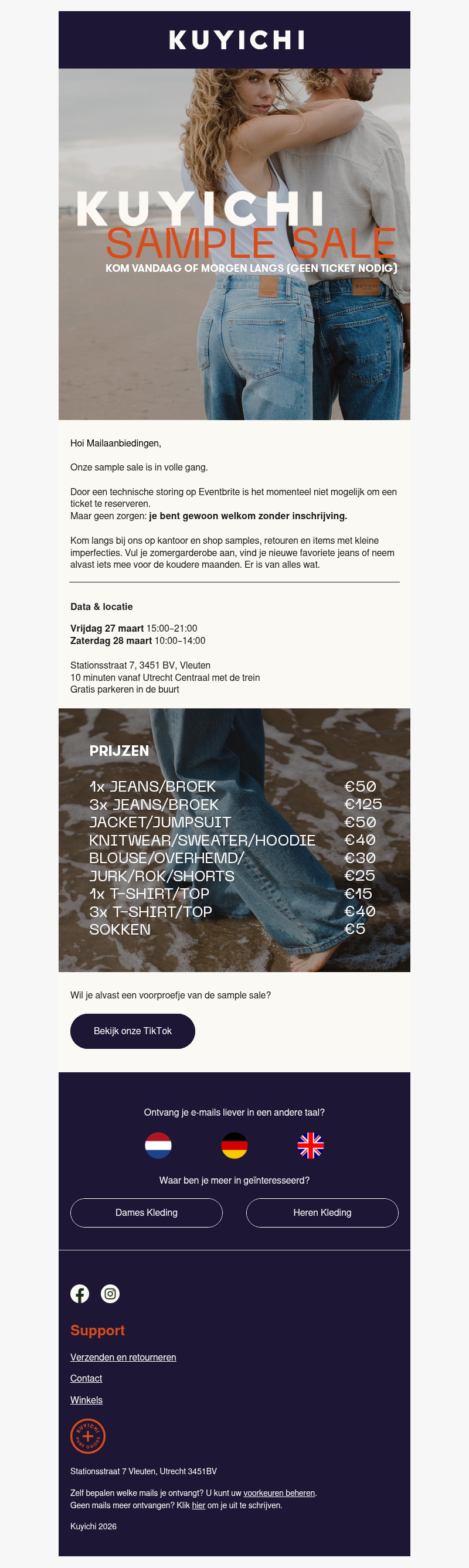 Kom langs bij onze sample sale (geen ticket nodig)! Kom langs bij onze sample sale (geen ticket nodig)!