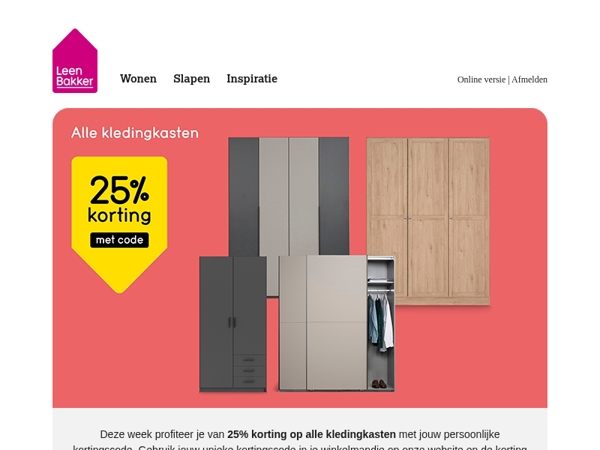 25% korting op alle kledingkasten!