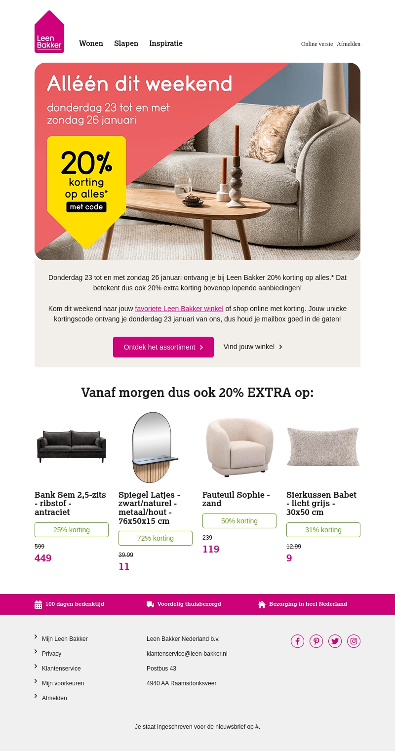 ⏰ Zet het in je agenda: aanstaande donderdag -20% op alles! ⏰ Zet het in je agenda: aanstaande donderdag -20% op alles!