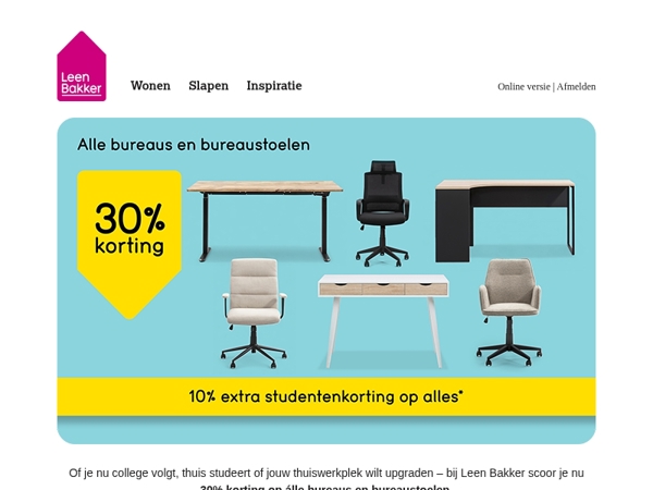 Alle bureaus en bureaustoelen 30% korting