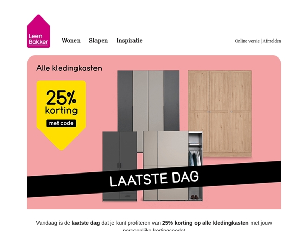 Laatste dag: -25% op alle kledingkasten!