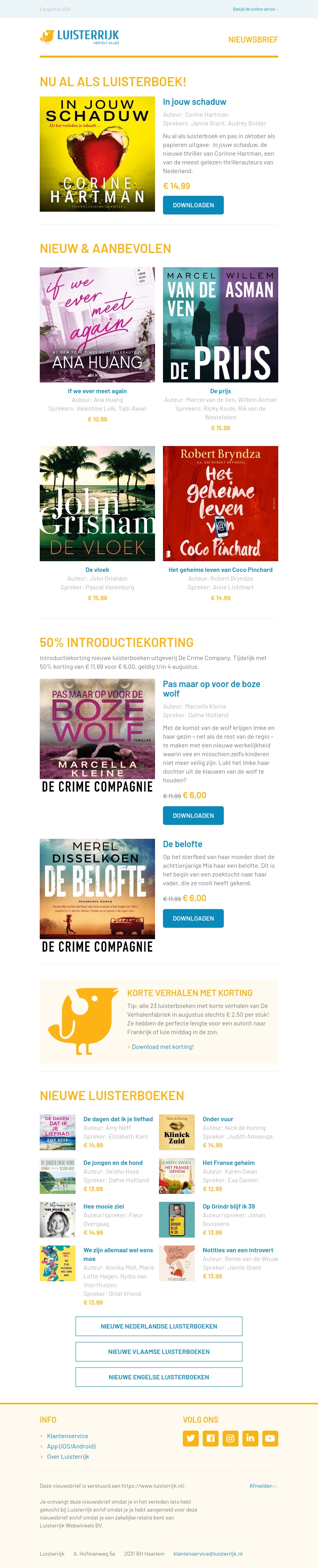 Primeur! Nieuwe thriller van Corine Hartman eerst als luisterboek | Introductiekorting De Crime Company | De vloek van John Grisham | Hee mooie ziel Primeur! Nieuwe thriller van Corine Hartman eerst als luisterboek | Introductiekorting De Crime Company | De vloek van John Grisham | Hee mooie ziel