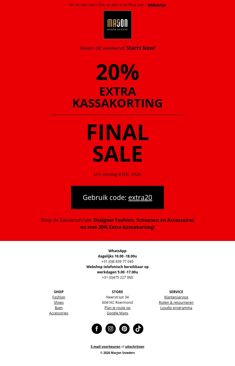 Extra 20% kassakorting op Final Sale! Extra 20% kassakorting op Final Sale!