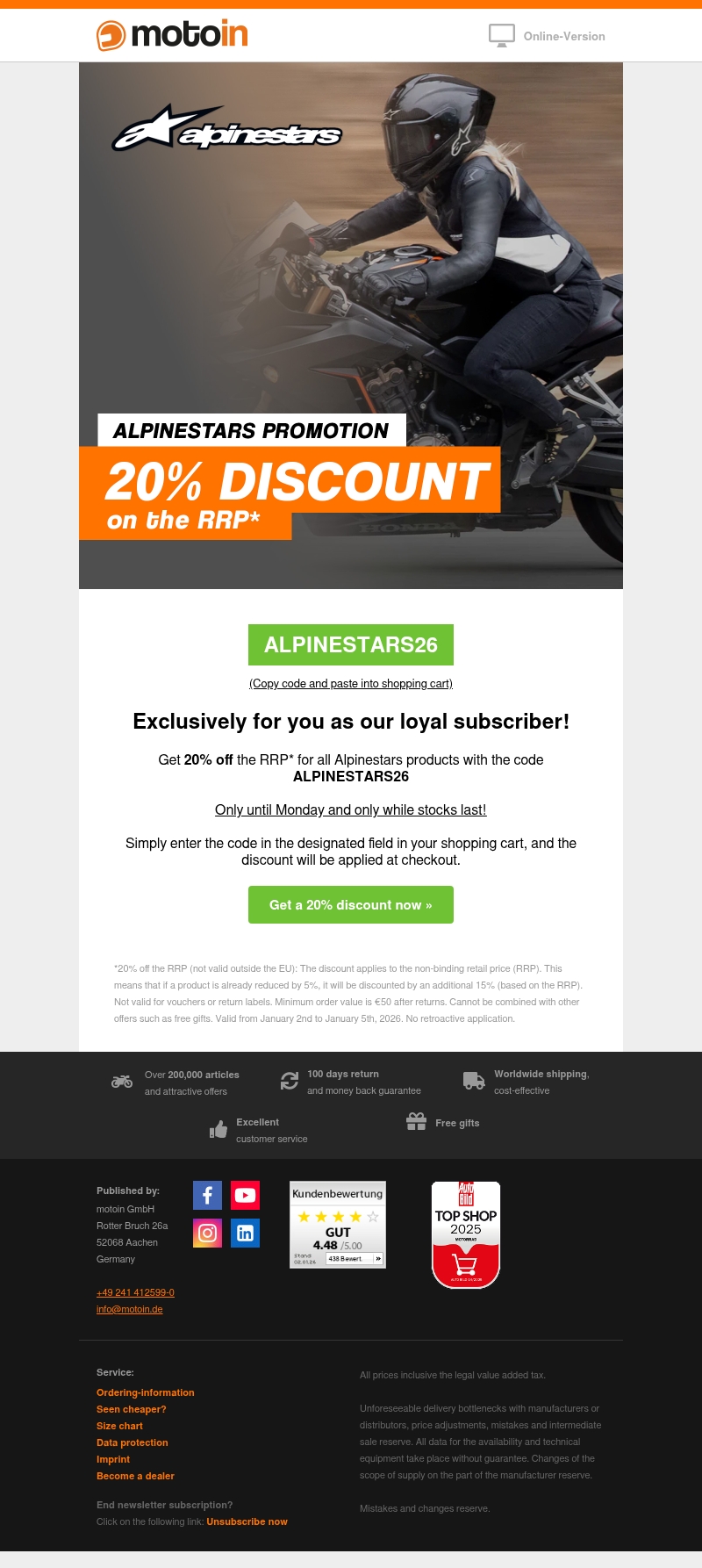 20% discount on Alpinestars products! 20% discount on Alpinestars products!