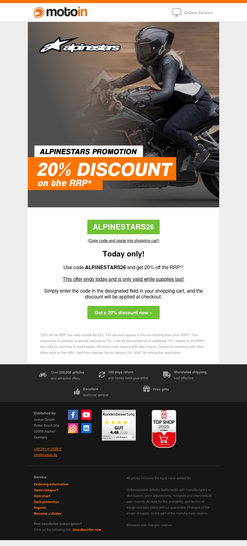Today only: 20% off Alpinestars! Today only: 20% off Alpinestars!