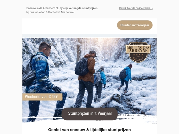 Sneeuw in de Ardennen! Stuntprijzen in 't Voorjaar: Weekendje Ardennen v.a. € 249