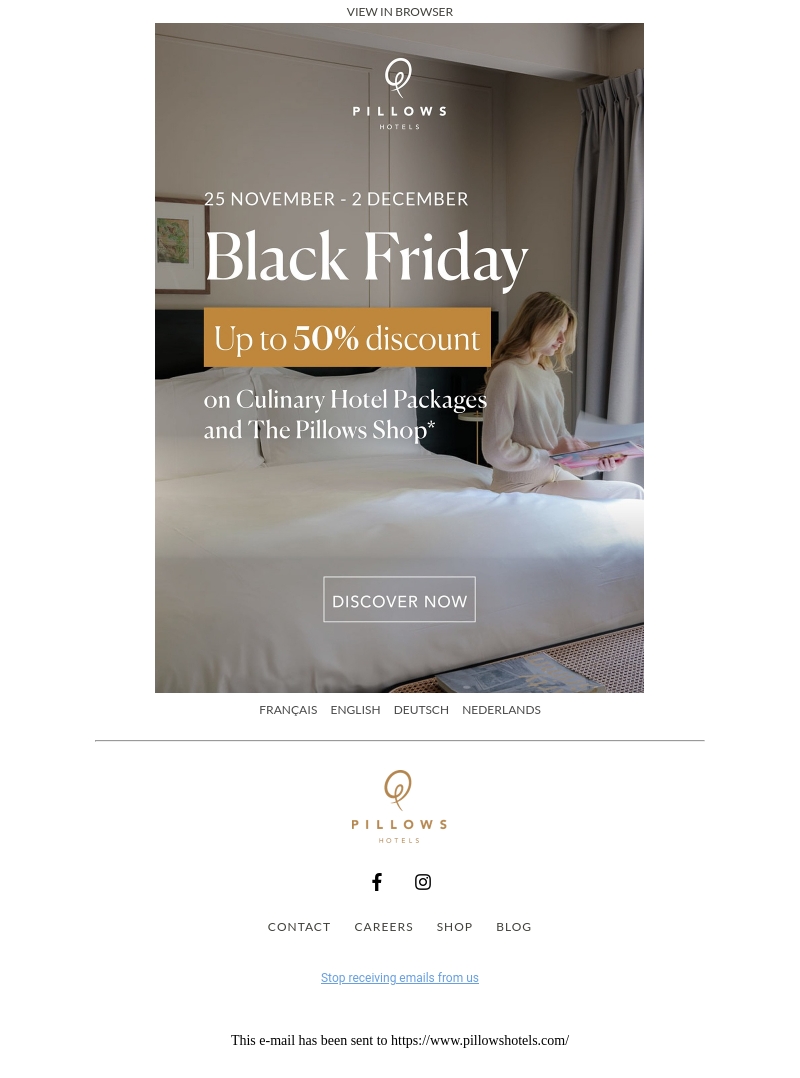 Black Friday: 30% on Culinary Hotel Packages and up to 50% in Pillows Black Friday: 30% on Culinary Hotel Packages and up to 50% in Pillows