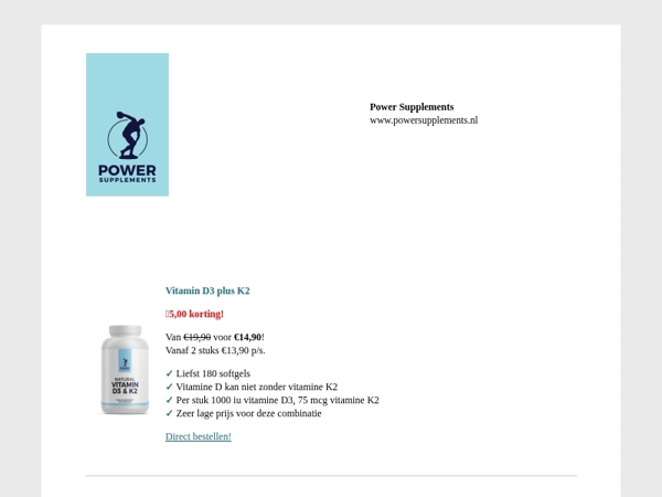 Oktober aanbiedingen: 10, 7,50 en 5 korting op Gainer, Citrullinepoeder, Vit. D3 & K2 en Bulk Oats