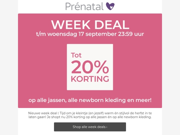 Week deal 🚨 20% korting op alle jassen, newborn kleding & meer