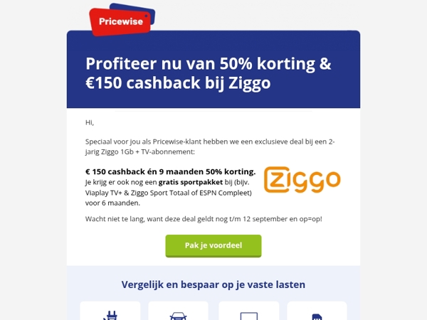 50% korting + € 150 cashback bij Ziggo