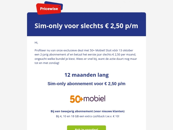 Sim-only nu voor slechts € 2,50 p/m
