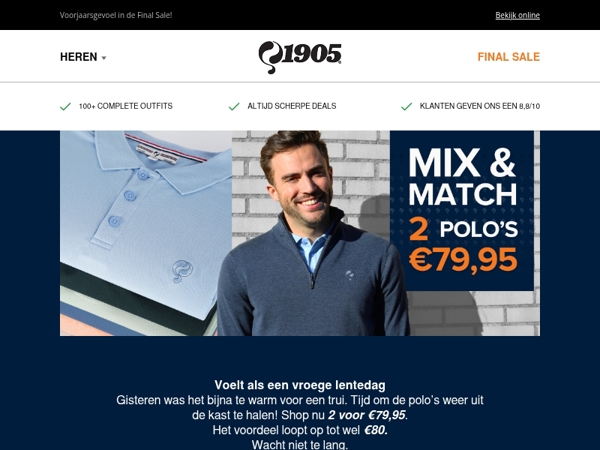2 polo’s voor €79,95 + truien vanaf €39!
