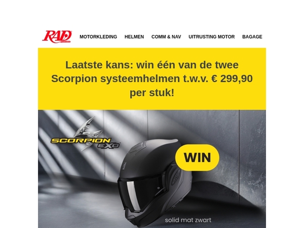 Laatste kans: win één van de twee Scorpion systeemhelmen ter waarde van € 299,90 per stuk!