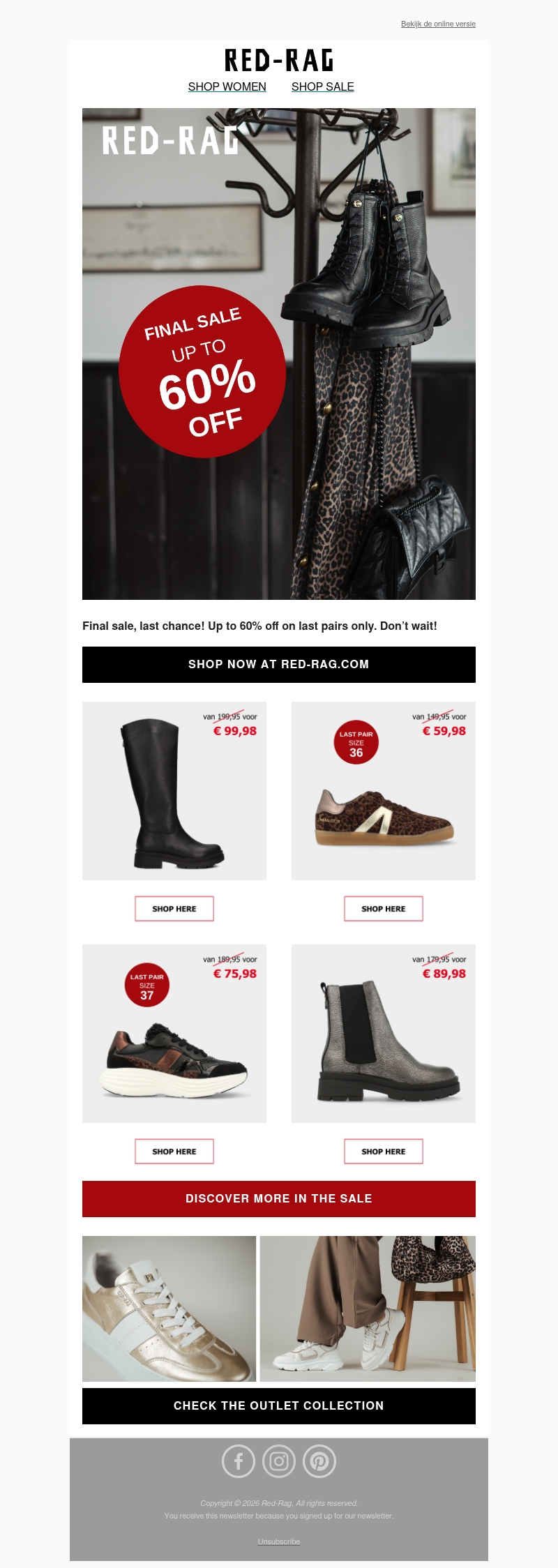 Up to 60% off on final Red-Rag Women pairs. Up to 60% off on final Red-Rag Women pairs.