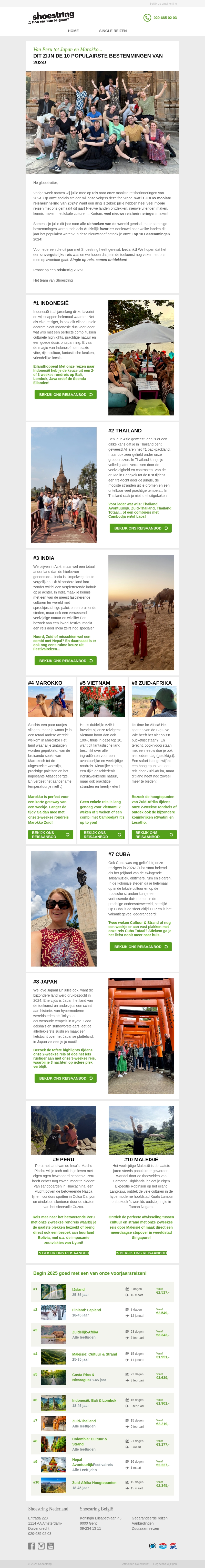 Shoestring's Top 10 populairste bestemmingen van 2024! Shoestring's Top 10 populairste bestemmingen van 2024!