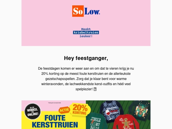 Klaar voor de feestdagen? Check SoLow! Nu 20% korting op geselecteerde spellen & foute kersttruien