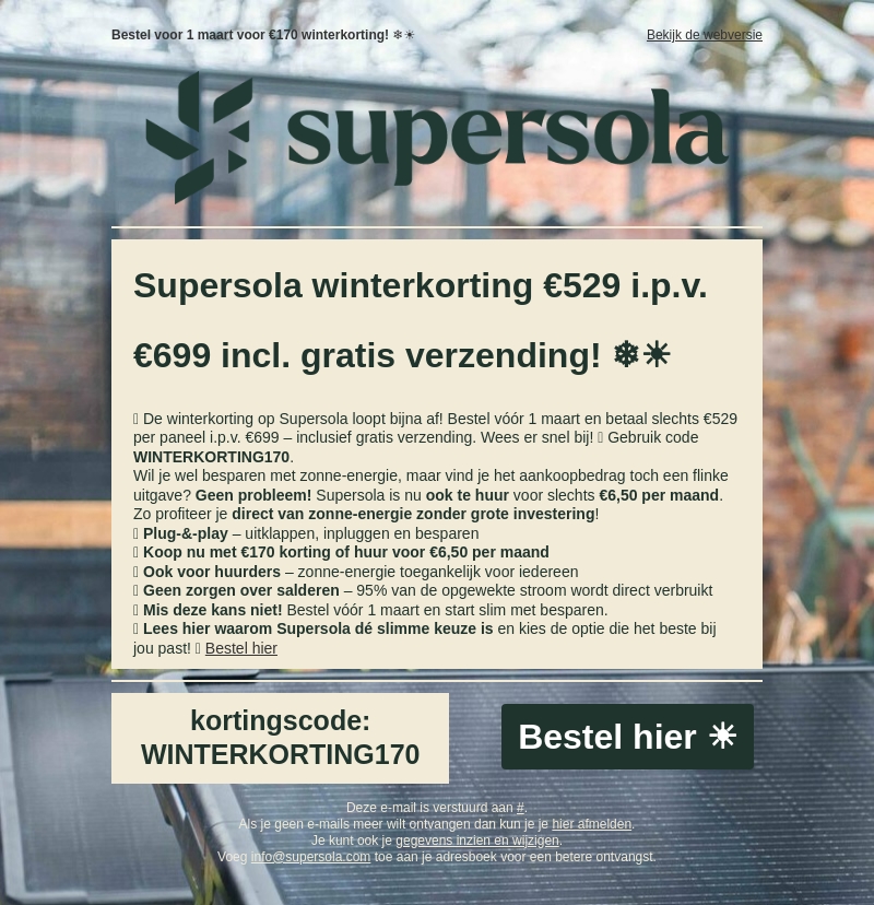 💡 Nog 5 dagen om €170 winterkorting per Supersola te pakken! ❄️☀️ 💡 Nog 5 dagen om €170 winterkorting per Supersola te pakken! ❄️☀️
