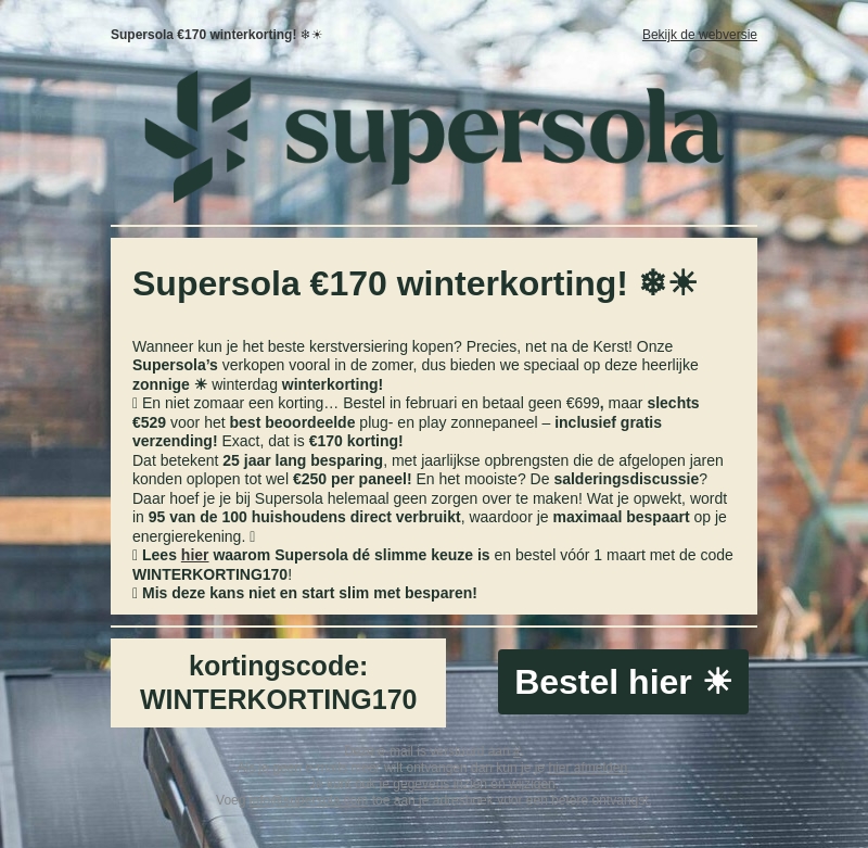 💡 Geniet je ook zo van deze heerlijke winterzon? ❄️☀️ Onze Supersola's wel! Betaal slechts €529 i.p.v. €699 💡 Geniet je ook zo van deze heerlijke winterzon? ❄️☀️ Onze Supersola's wel! Betaal slechts €529 i.p.v. €699
