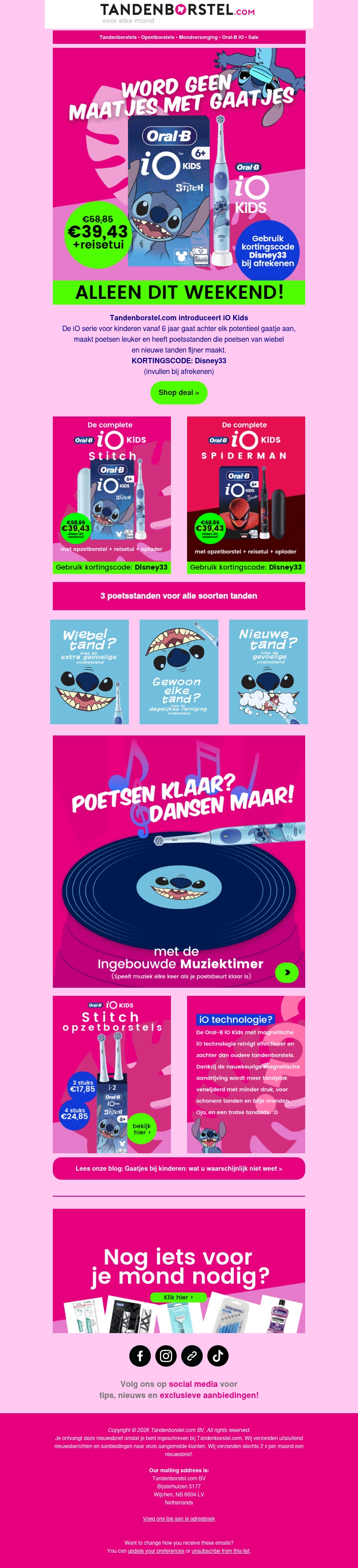 🎁 Exclusief voor jou: 33% korting op nieuwe Oral-B iO Kids Stitch & Spider-Man 🎁 Exclusief voor jou: 33% korting op nieuwe Oral-B iO Kids Stitch & Spider-Man