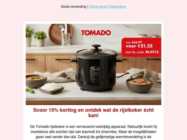 Laat deze deal niet liggen: 15% korting op jouw nieuwe rijstkoker