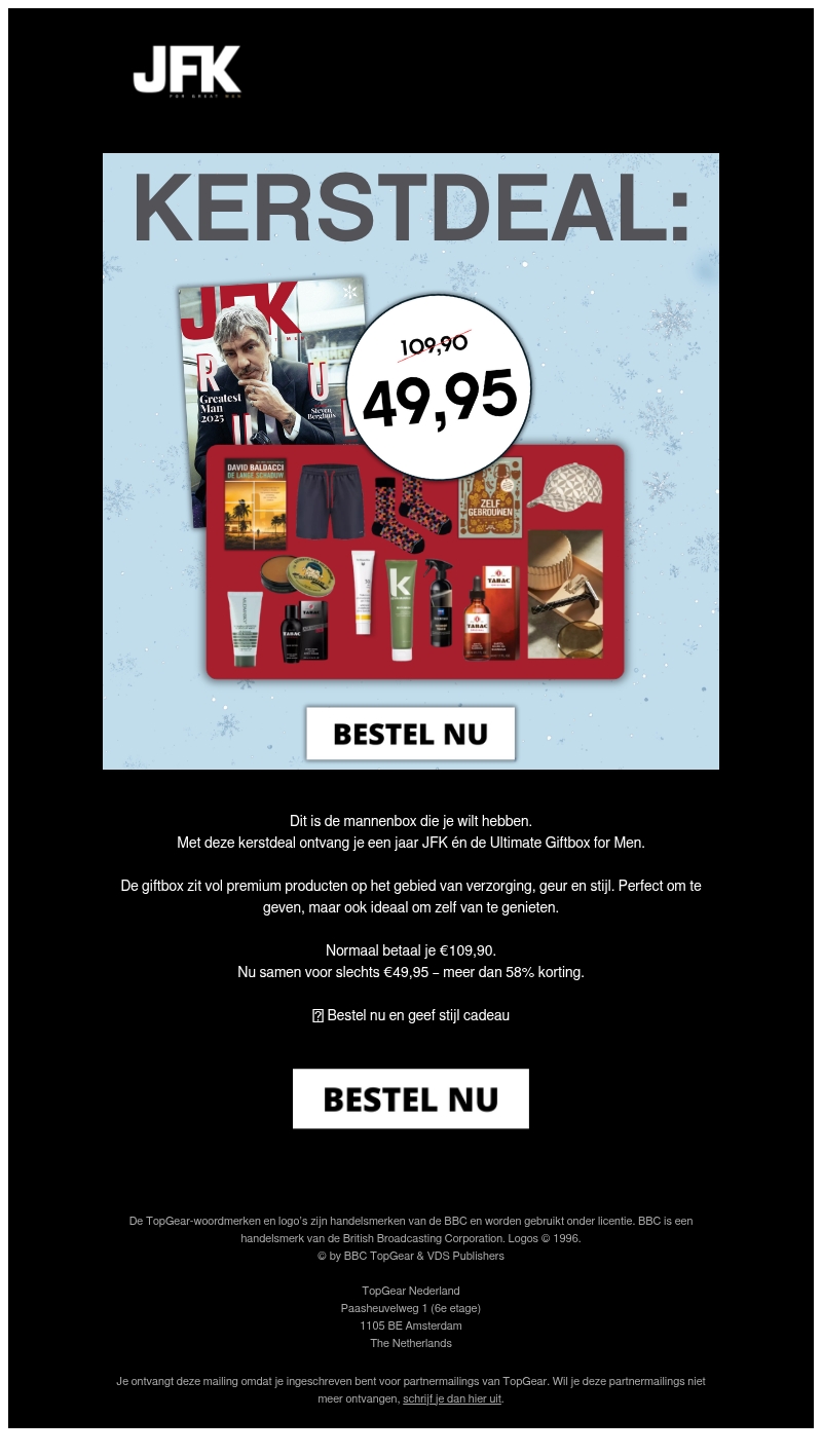 Kerstdeal: JFK + luxe giftbox met 58% korting Kerstdeal: JFK + luxe giftbox met 58% korting