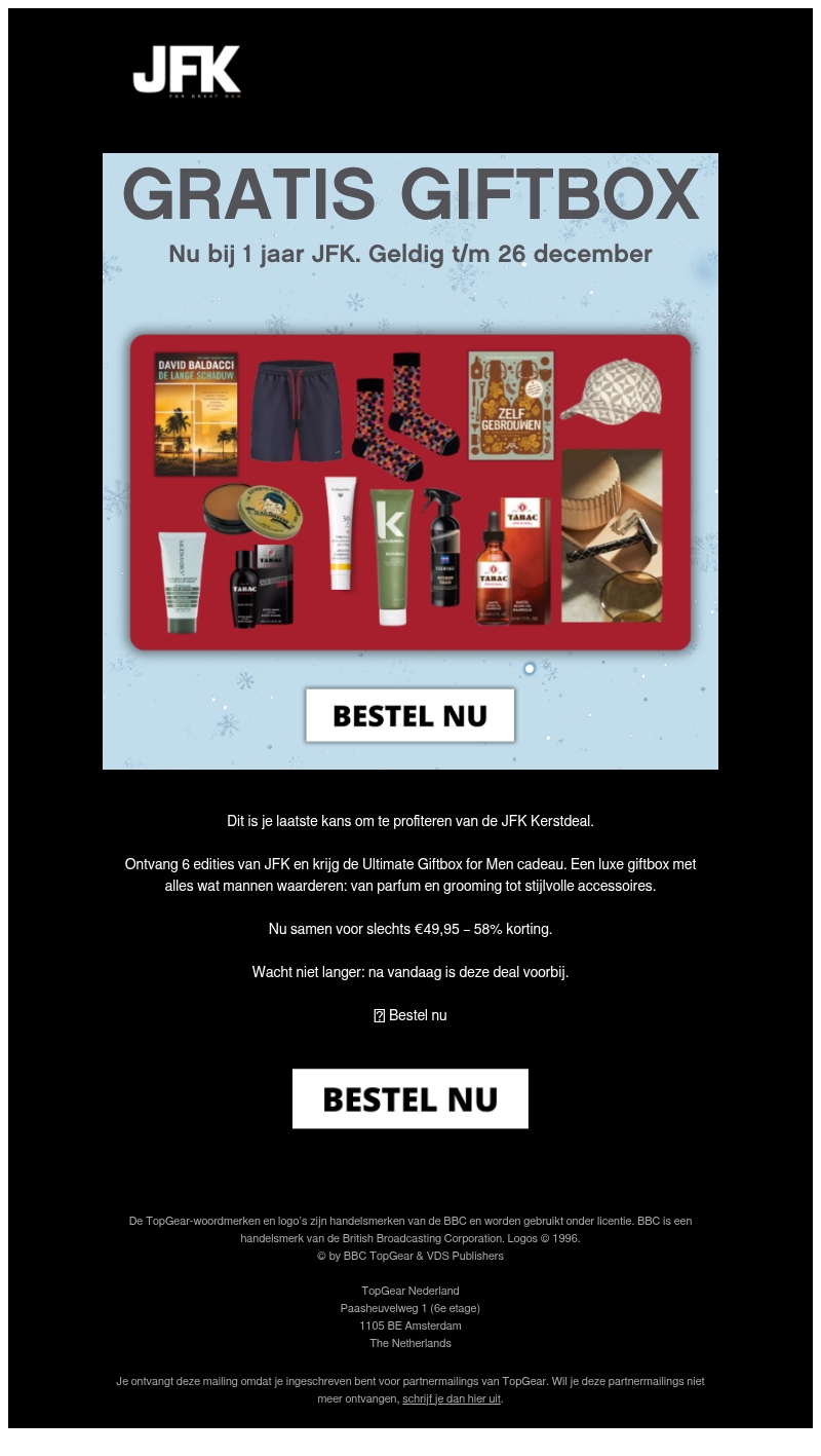Laatste kans: JFK + giftbox met 58% korting Laatste kans: JFK + giftbox met 58% korting