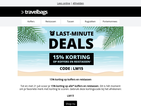 ⚡️ 15% korting op koffers en reistassen!