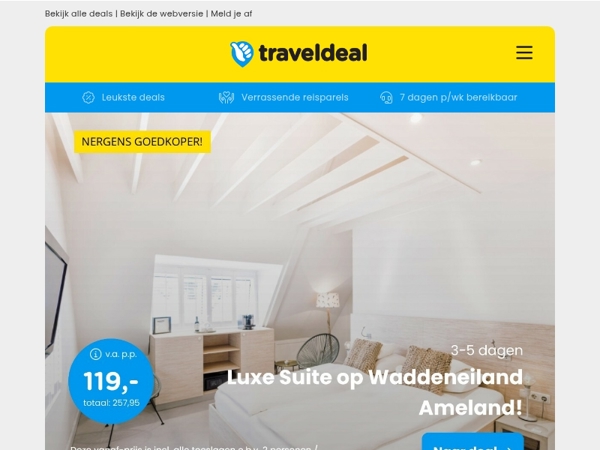 Nergens goedkoper! 😱 3 dgn SUITE DEAL Ameland 119 | 5-daagse kerstmarktencruise de Rijn 499 | ABBA Voyage Londen 399 p.p.!