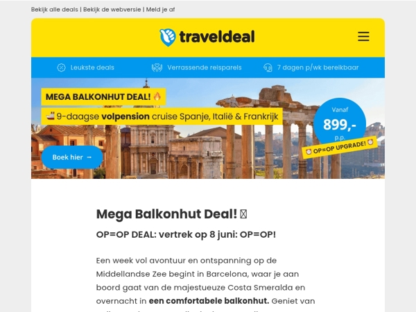 OP=OP BALKONHUT DEAL 🔥 9-daagse cruise Spanje, Italië & Frankrijk + VOLPENSION NU 899 p.p.! 🤯