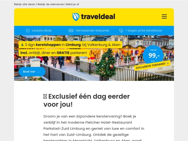 🔐 Exclusief één dag eerder: 3 dagen kerstshoppen Limburg + ontbijt, diner én GRATIS parkeren 99 p.p.!