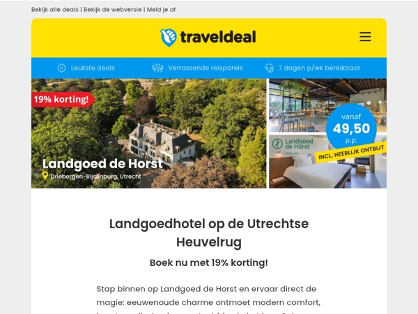 😱 Nú 19% korting: Landgoed de Horst op de Utrechtse Heuvelrug + ontbijt 49,50 p.p.!