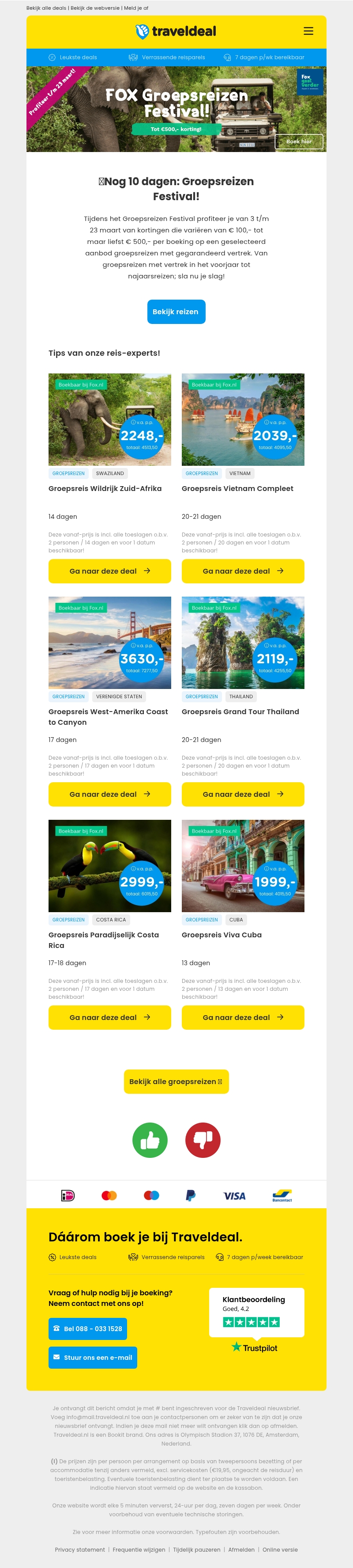 ⏰ nog 10 dagen: Groepsreizen Festival bij Fox! Groepsreizen Festival! 👉 Zuid-Afrika, Vietnam, Costa Rica & meer! ⏰ nog 10 dagen: Groepsreizen Festival bij Fox! Groepsreizen Festival! 👉 Zuid-Afrika, Vietnam, Costa Rica & meer!