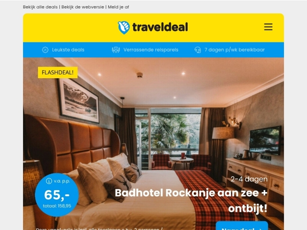 FLASHDEAL! ⚡ Badhotel Rockanje aan de kust + ontbijt v.a. 65 | Fly & Train Schotland v.a. 789 p.p.!