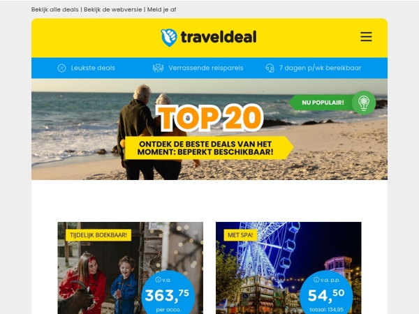 Top 20 deals! 📢 Vakantiepark Dierenbos | Kerstshoppen Düsseldorf | Uitwaaien Zeeland | Wilddiners & meer!