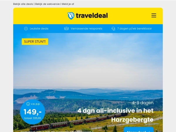 WOW! 🤯 4 dgn all-inclusive in de Harz v.a. 149 | 3/4 dgn all-inclusive de Bonte Wever v.a. 199 p.p.!