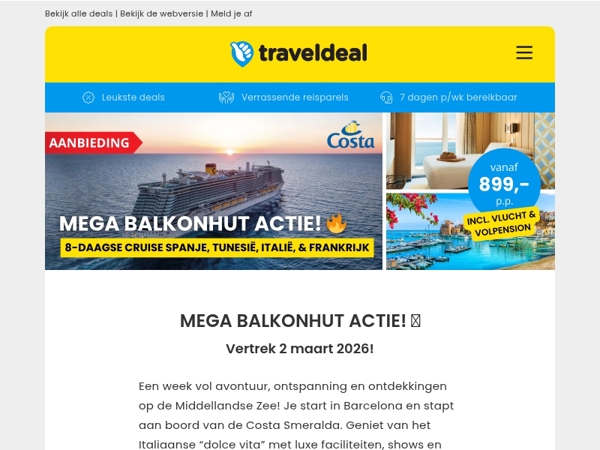 MEGA BALKONHUT ACTIE! 🔥 8-daagse Mediterrane cruise + volpension €899 p.p. 🤯