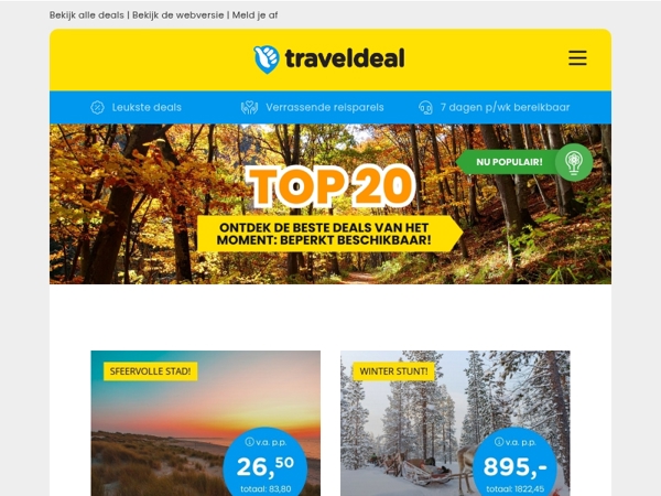 Top 20! 🥳 2 dgn Zeeland + ontbijt 26,50 | Finland avontuur 895 | Balkonhut Deal 899 | Veluwe Deal + wellness & MEER!