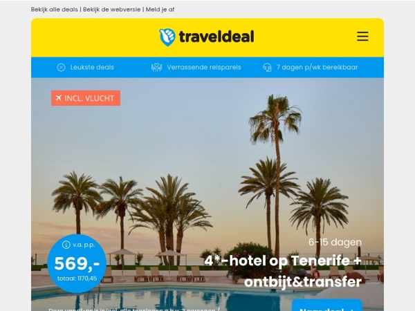 FLASHDEAL! 😱 4*-hotel Tenerife + ontbijt & transfer 599 | 4*-hotel Scheveningen + UPGRADE sea view room v.a. 71 p.p.!