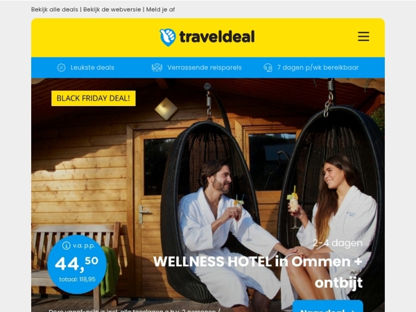 Black Friday! 🤯 Wellness Ommen + ontbijt 39,50 | 4*-hotel Wijn aan Zee + ontbijt 49,50 p.p.!