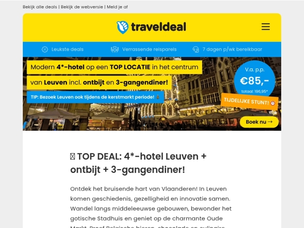 💥 Boek NU: 4*-hotel hartje Leuven + ontbijt + 3-gangendiner SLECHTS 85,- p.p.! 😱🤯