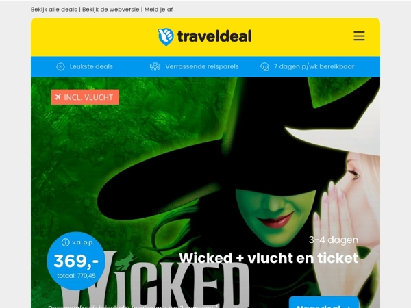 🎭 Wicked Musical + vlucht & verblijf v.a. 369 | 2 dgn Zeeland + ontbijt & wellness v.a. 59,50 p.p.!