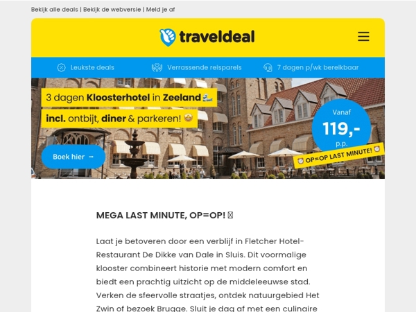 ⚡ MEGA LAST MINUTE, OP=OP!! ⏰ 3 dgn kloosterhotel Zeeland + ontbijt & diner 119 p.p.!